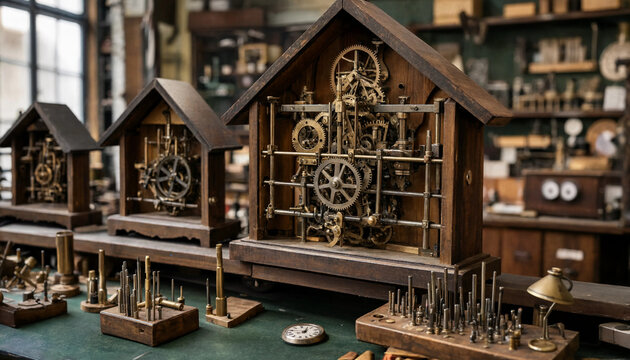 Close up of antique wooden cuckoo clocks with intricate brass gears and mechanical parts displayed on a workbench in a clockmaker shop