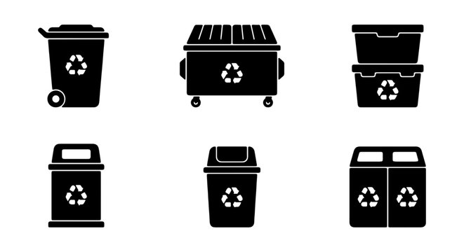 Recycling bin icons set, black trash can vector silhouettes, waste management symbols