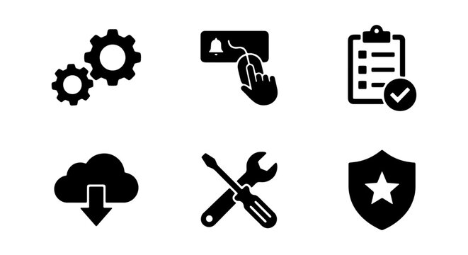 Technical support icons set, black solid web development symbols, IT service vector elements