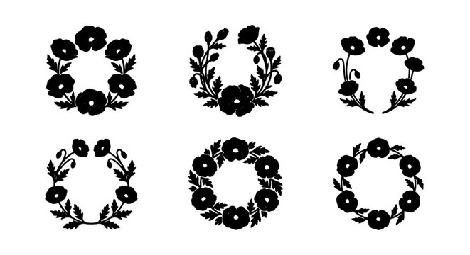 Black poppy wreath silhouette set, floral circular frames vector, botanical borders for wedding design