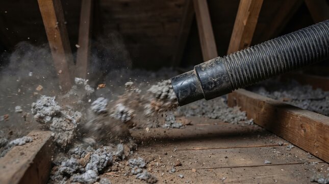Vacuum hose removing cellulose insulation from attic floor. Process of house renovation and professional cleaning. Suitable for construction or home improvement content.
