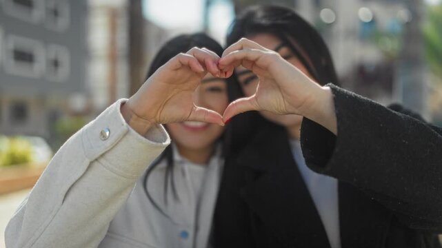 Two women form heart shape with hands and smile in a city street with blurred buildings and plants; friendship love.