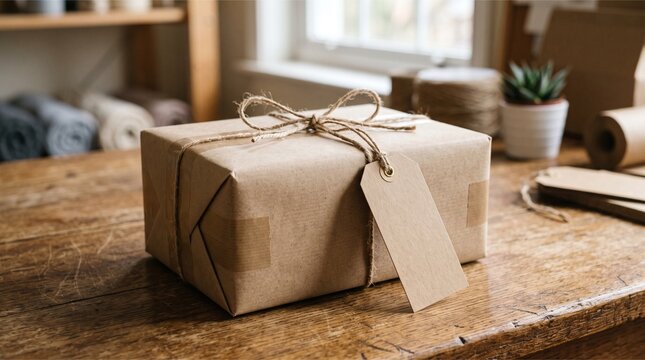 Parcel wrapped in brown paper with twine on a wooden table