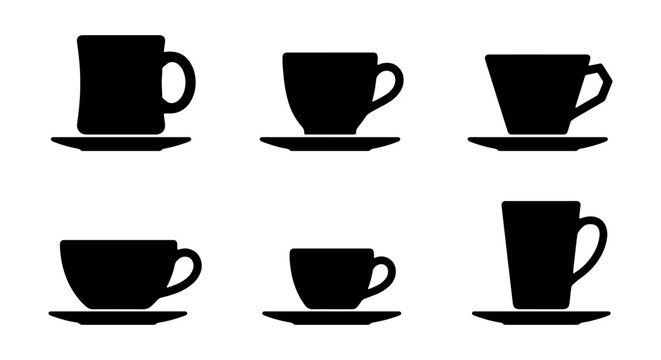 Six Black Silhouette Coffee Cups and Saucers Vector Icons, Minimalist Beverage Drinkware Set for Cafe, Restaurant, or Kitchen Design Elements