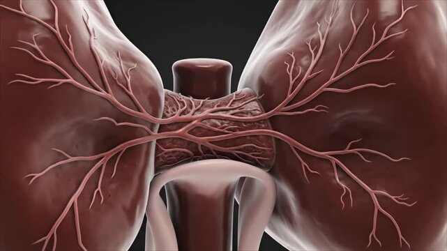 Detailed view of human lungs with visible bronchi and blood vessels against a dark background