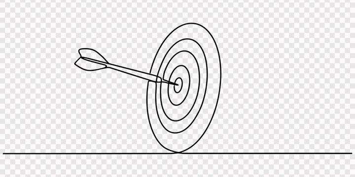 One line drawing of arrow hitting bullseye target, Arrow shoted on the target in continuous one line drawing. Single line art illustration of arrow on target.one line Art icon drawing vector