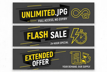 Naklejka premium Modern Promotional Banner Set for Flash Sale, Unlimited Access and Extended Offer with Premium Marketing Ribbon Templates Ecommerce, Retail Promotion, Online Shopping, Discount Banner, Sale Template 