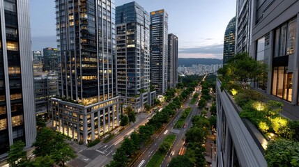 Fototapeta premium Futuristic financial district at sunrise featuring iconic skyscrapers and smart mobility in a vibrant cityscape filled with rooftop gardens