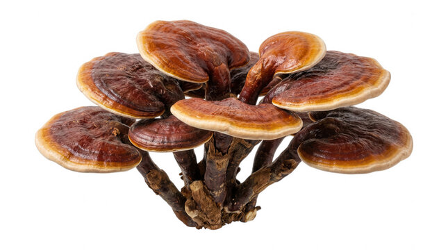 Reishi mushrooms pile natural colors isolated on a transparent background ganoderma