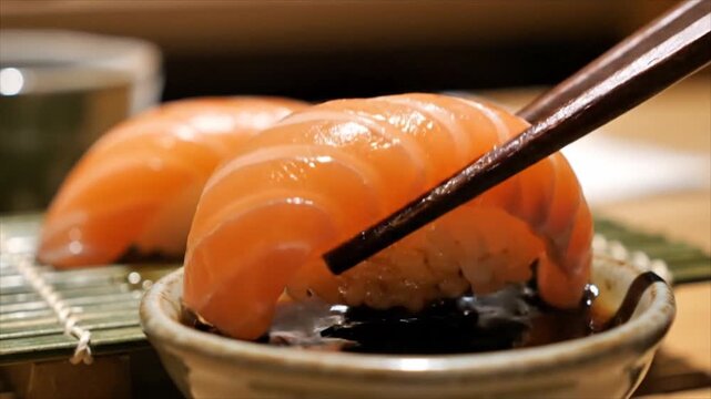 Chopsticks pick up sushi with salmon on a plate with soy sauce.