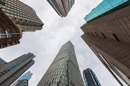 A view of skyscrapers from the bottom up
