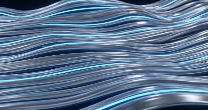 Abstract wave blue metallic line texture background pattern ripple silver futuristic 3D fluid chrome surface, glossy curved ribbons with neon blue highlights, modern technology concept and render