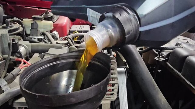Changing engine oil in a car at a garage during daytime using a funnel and new oil