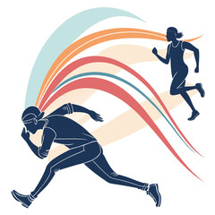 Obraz premium Abstract illustration of two people running with colorful dynamic motion lines
