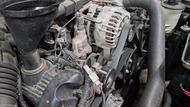 Exploring engine parts and functions in a car from different angles in a garage setting