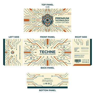 Premium technology packaging box template with circuit motifs, packaging