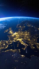 Fototapeta premium A stunning night view of Europe from space, showcasing glowing city lights that symbolize global connectivity, technology and progress. Nobody is present in this vast cosmic perspective.