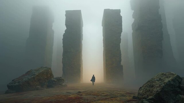 Monumental stone pillars rising through a misty forest with a tiny human silhouette below, conveying mystery, mythology, exploration, fantasy landscapes, cinematic adventure
