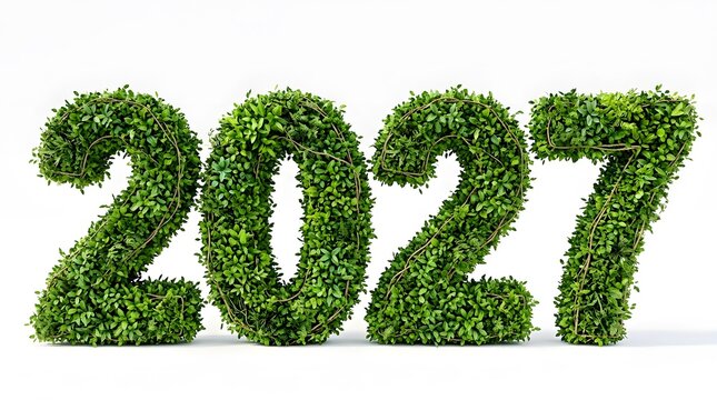 New Year 2027 Eco Friendly Green Leaf Typography on White Background