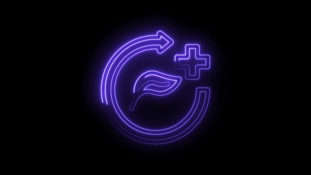 Neon glow recycling symbol with leaf and plus sign abstract loop animation dark background... icon