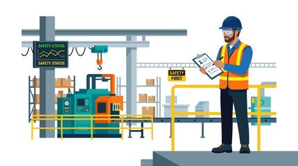 Fototapeta premium Factory Worker Inspecting Machinery and Safety Status in Industrial Plant