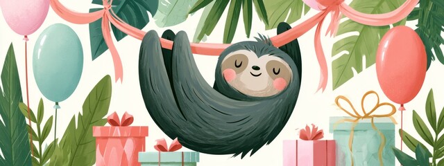 Fototapeta premium Cute Sloth Hanging from Festive Ribbons Surrounded by Colorful Balloons and Gifts in a Tropical Setting