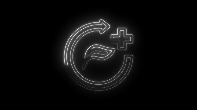 Neon glowing recycling symbol with leaf and plus sign on icon black background animated loop