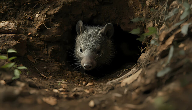 Close-up of a wild wombat peeking out from its burrow in a natural forest habitat showcasing Australian wildlife
