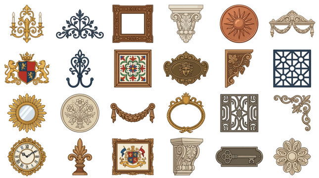 Ornate Decorative Elements Collection: Frames, Emblems, and Architectural Details