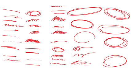 Red marker highlight doodle element set, hand drawn selection circles text underlines pointers wavy lines and correction sketch scribbles for editorial review notes © Lepe PNG