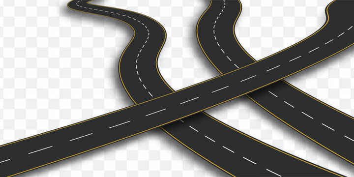 Road, winding and fork highway isolated on transparent background. Journey two lane curve asphalt pathway going into the distance. Route direction and navigation signs for map, Realistic 3d vector set