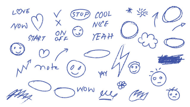 Blue pen hand drawn doodle element set, ballpoint sketch text words smiley face icons arrows highlight circles lightning bolt and heart shapes for creative notes