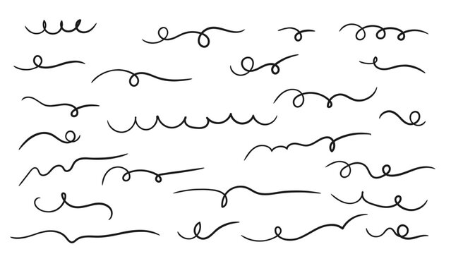 Hand drawn curly line divider set, elegant black swirl swoosh underlines wavy strokes and decorative calligraphy borders illustration element