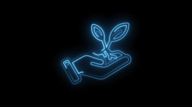 Blue neon hand holding seedling growing plant abstract icon animation on black background