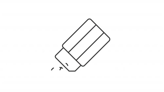Animated shaking angled block eraser line icon. Moving pencil eraser crumbs animation. School supply tool. Outline element on white background. HD video with alpha channel