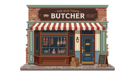 Obraz premium Charming Old Town Butcher Shop Facade with Meats and Signage