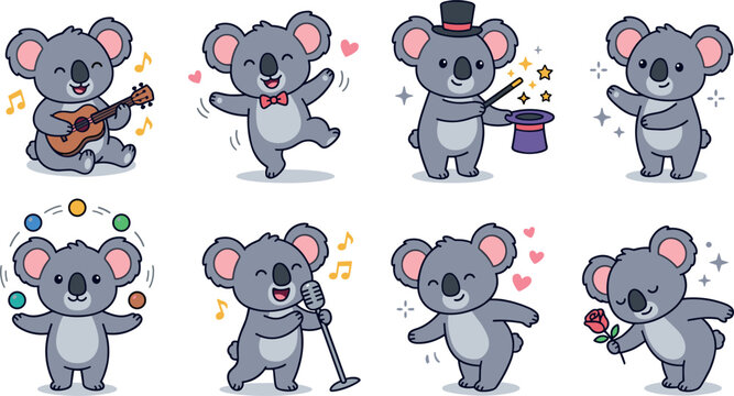 Cute koala cartoon character entertainer vector set featuring funny marsupial playing guitar dancing performing magic tricks juggling singing and holding a rose flower.