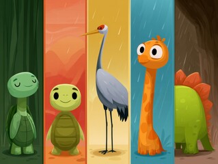 Fototapeta premium Cute Cartoon Animal Set: Turtle, Crane, Necked Creature, Dinosaur