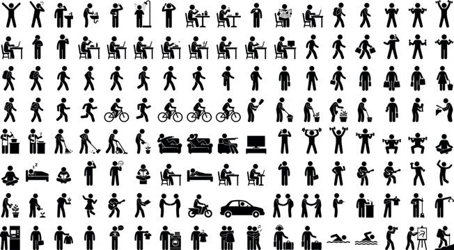Daily Life Routines and Human Activities Stick Figure Vector Icon Set with Working Commuting Exercising Cleaning and Household Symbols for Lifestyle Blogs