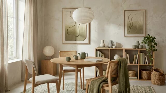 Minimalist dining room with wooden table and chairs. Modern interior featuring pendant light, green throw, and wall art. Cozy home decor for domestic lifestyle.