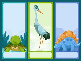 Fototapeta premium Cute Cartoon Animal Cards Set: Turtle, Bird, and Dinosaur Illustration
