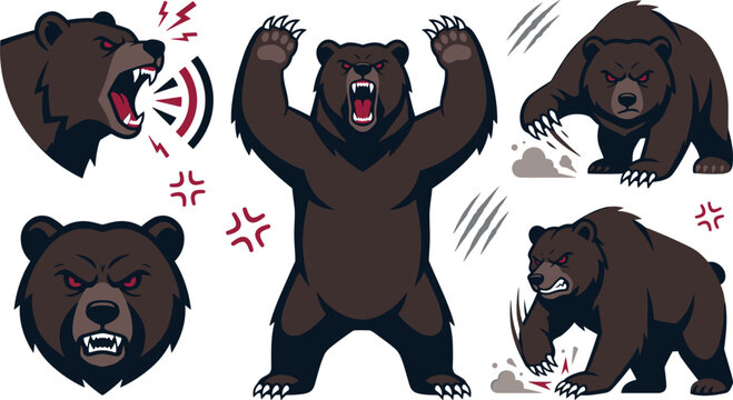 Angry grizzly bear mascot vector character set featuring aggressive roaring grizzly standing with sharp claws attacking head profile and fierce growling poses.