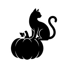 Black cat sitting on pumpkin, Halloween vector icon, silhouette illustration, feline decoration isolated on White Background silhouette © MdMasud