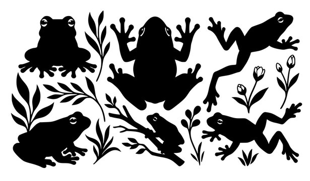 Amphibian Wildlife Silhouette Icon Set Featuring Frogs and Toads in Various Poses with Wetland Leaves Branches and Wildflowers Vector Illustration