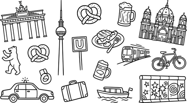 Set of berlin city symbols, landmarks and icons, handdrawn doodle style transparent background