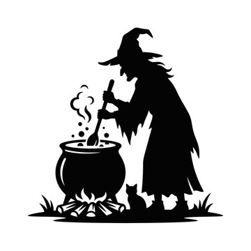 witch, black silhouette, vector illustration, Halloween, magic potion isolated on White Background silhouette