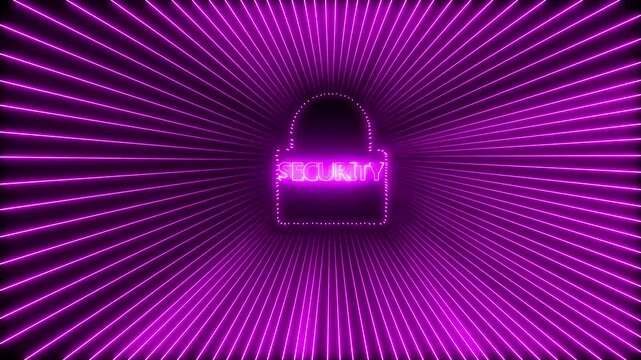 neon technology electronic circuit board with lock icon animation on black background. digital security shield with padlock icon over neon circuit board background.