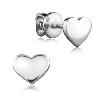 A pair of elegant sterling silver stud earrings in a sleek heart shape with a polished finish. The romantic jewelry is isolated on a white background with a soft reflection.