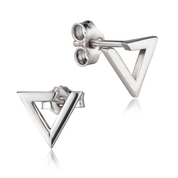 Premium sterling silver geometric stud earrings photographed on a white background with natural reflection. Clean product image suitable for online shops, catalogs, advertising and luxury branding.