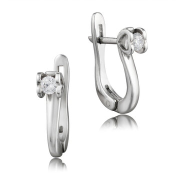 A pair of elegant sterling silver leverback earrings featuring sparkling round-cut clear zirconia gemstones. Isolated on a white background with a soft reflection.